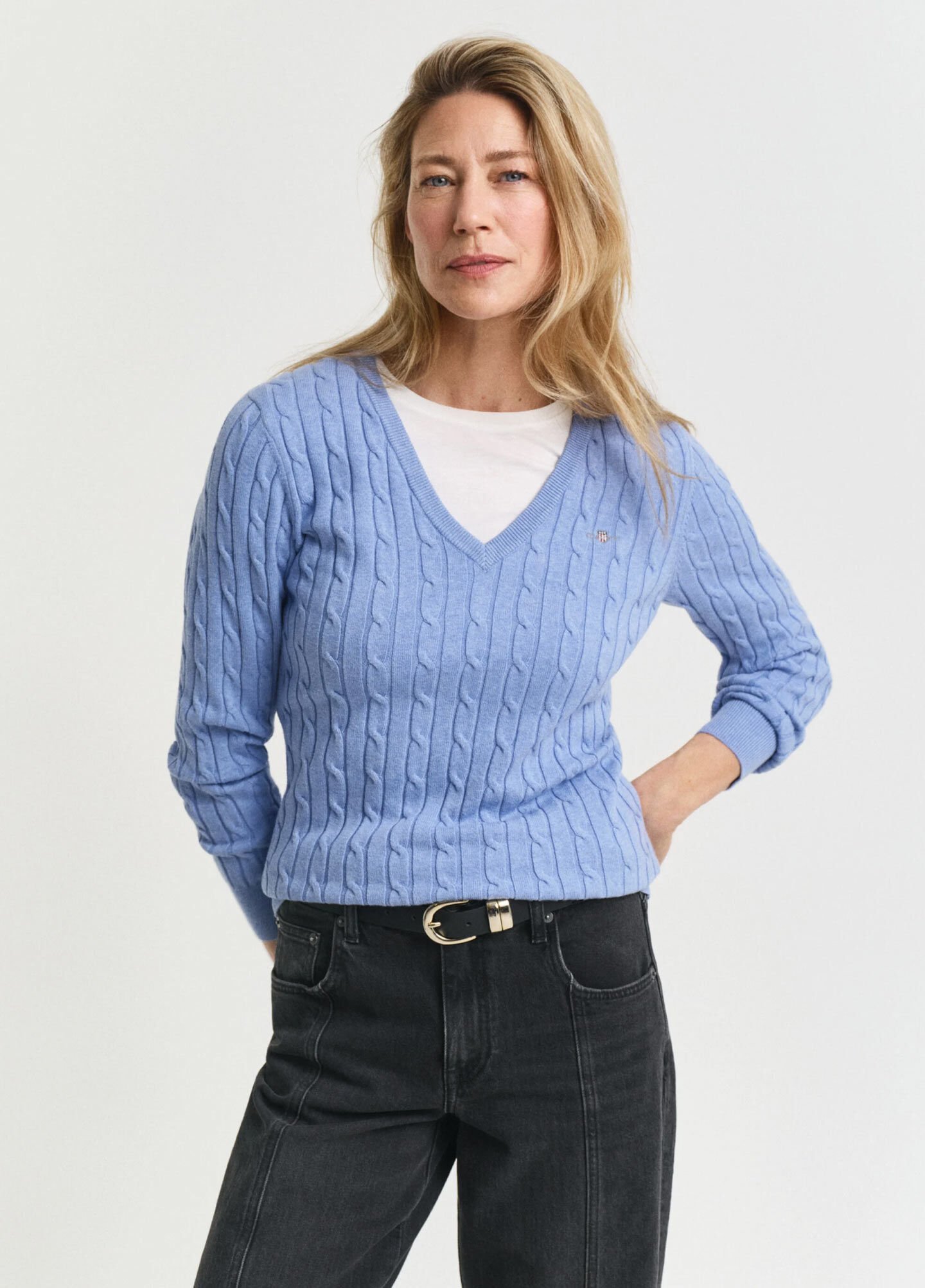Stretch Cotton Cable Knit V-Neck Sweater