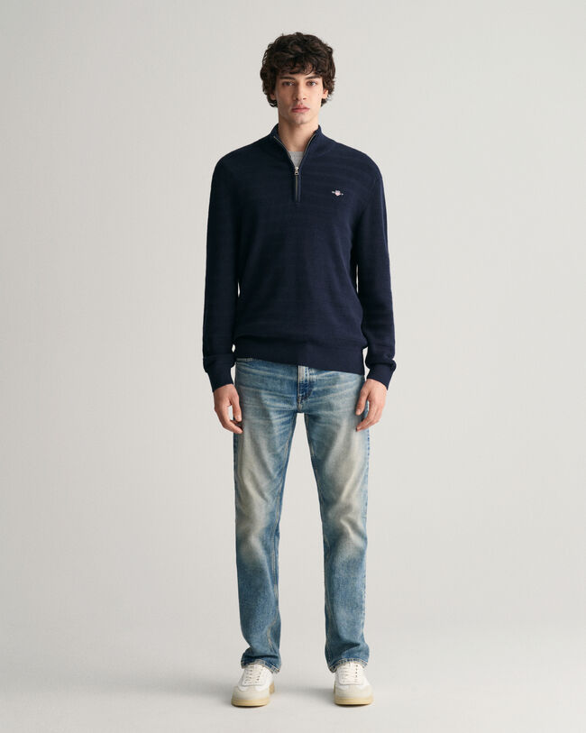 Striped Textured Cotton Half-Zip Sweater