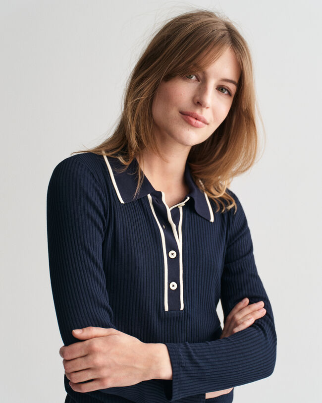 Ribbed Long Sleeve Polo Shirt