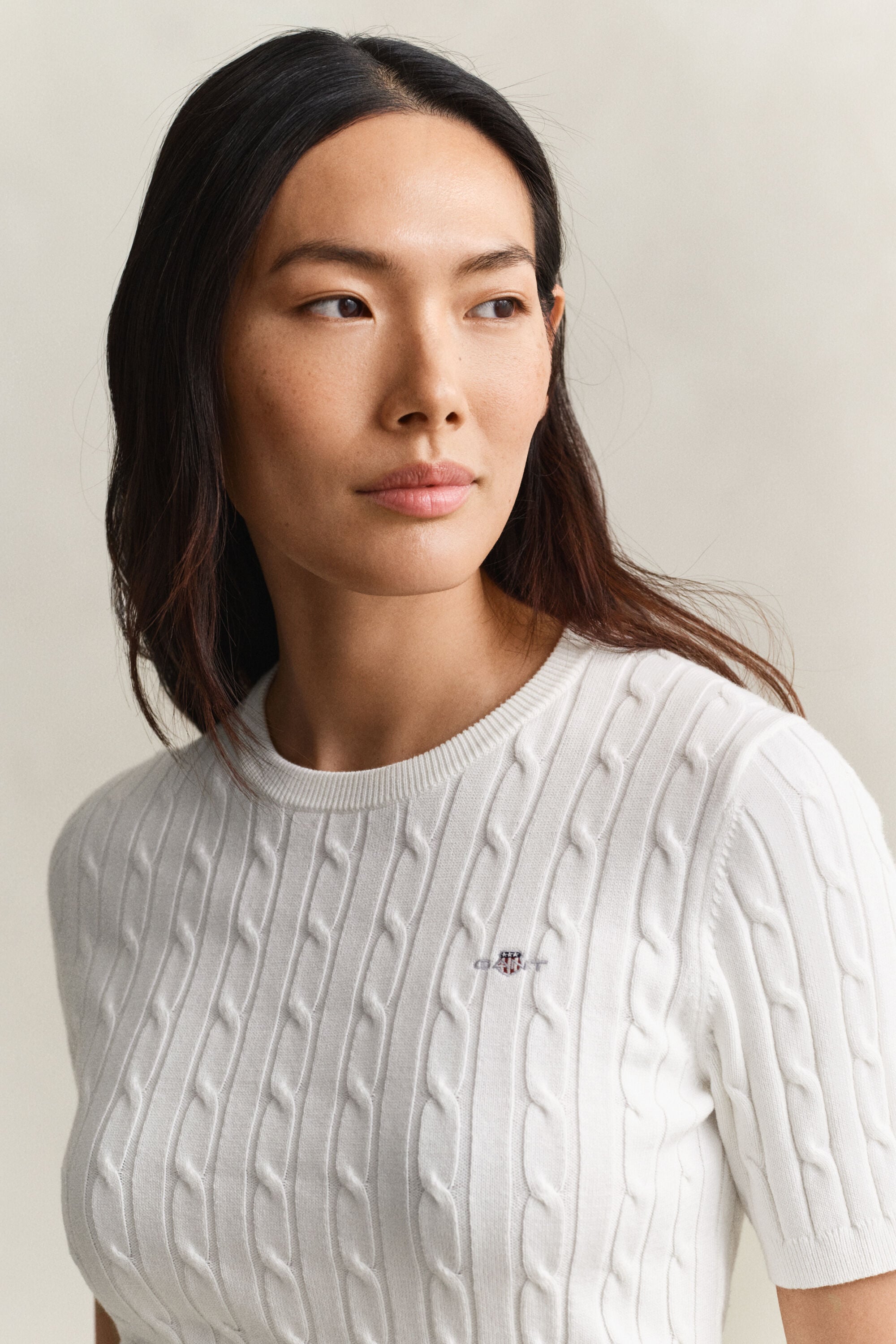 Stretch Cotton Cable Knit Short Sleeve Sweater