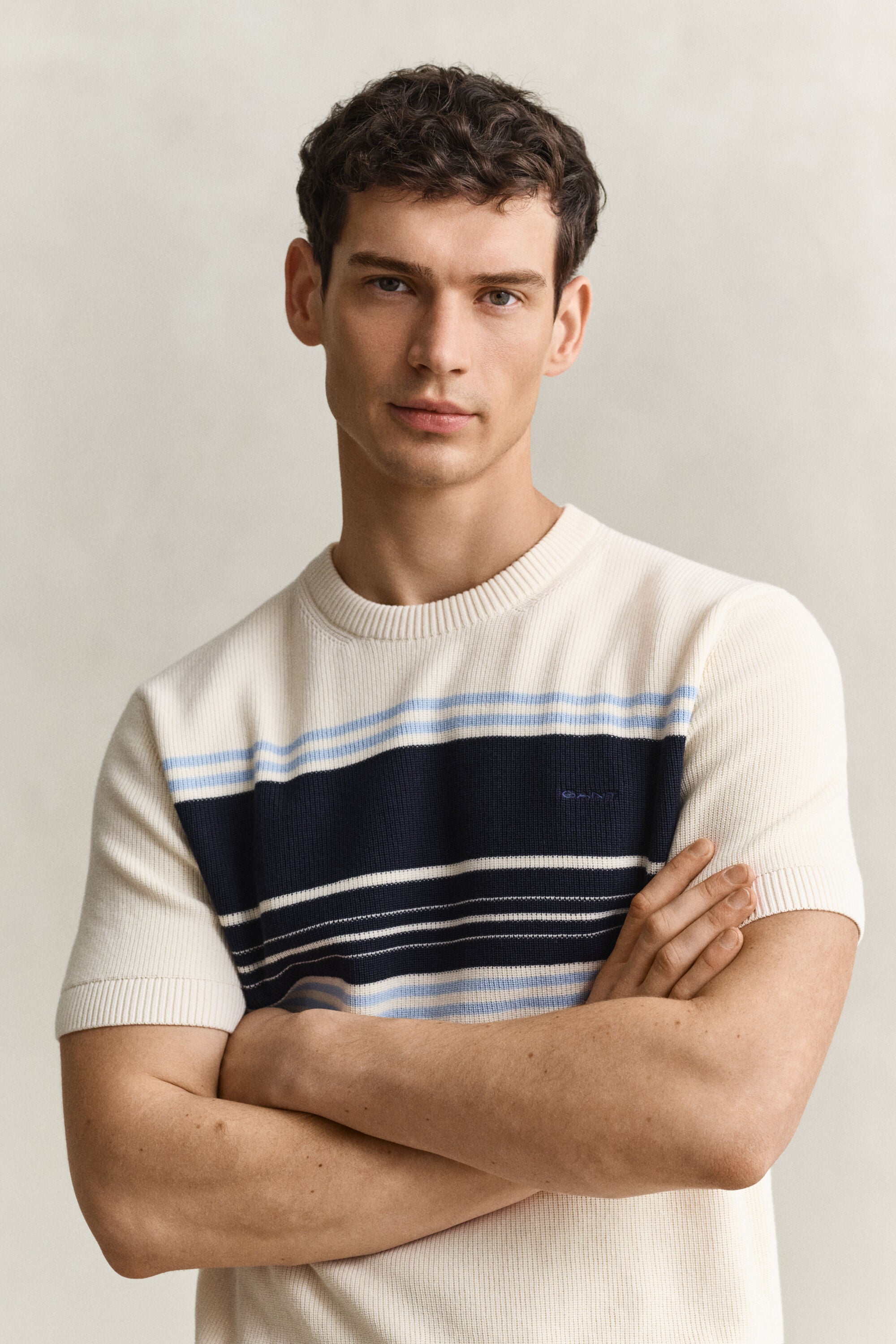 Striped Cotton Rib Short Sleeve Sweater