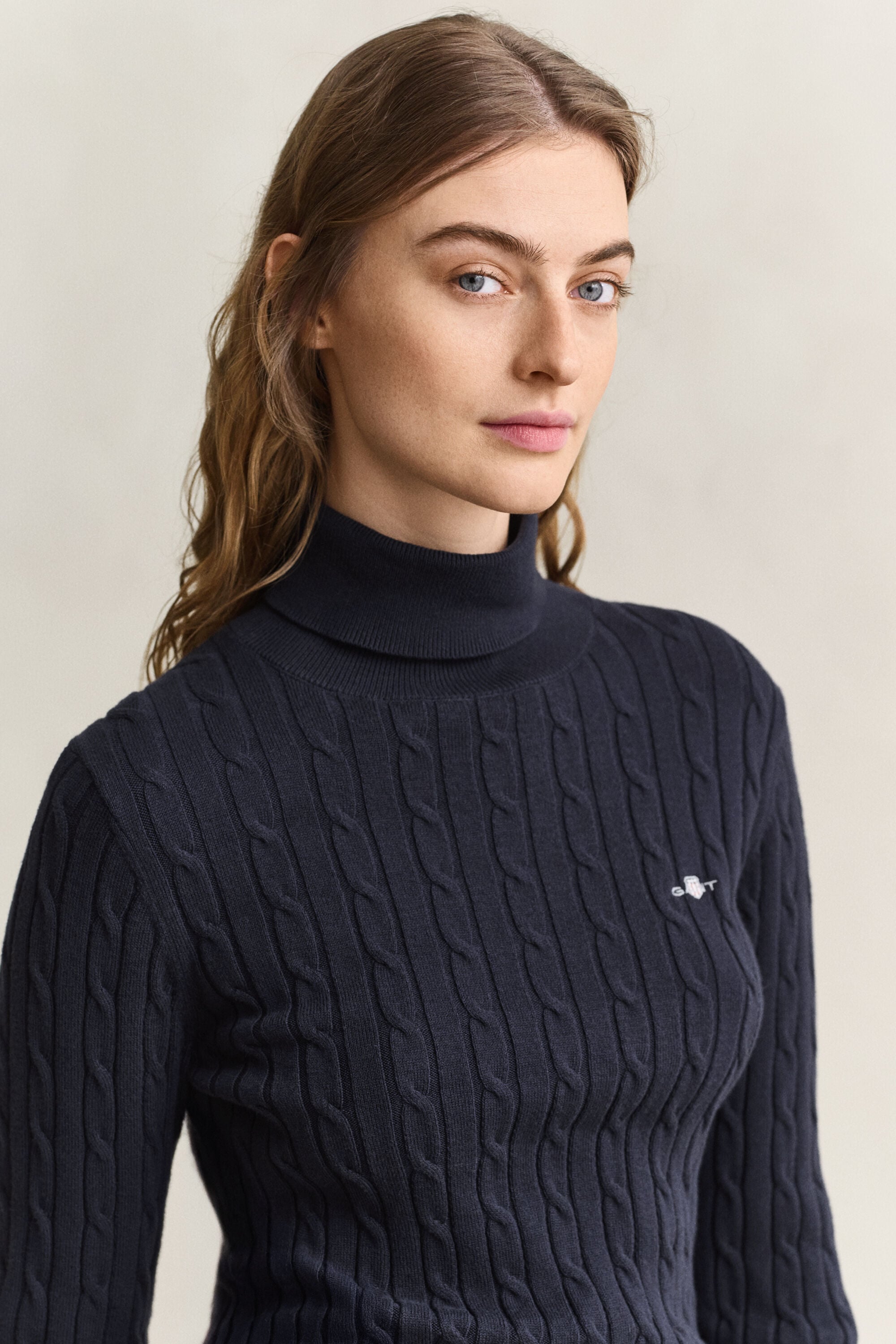 Stretch Cotton Cable Knit Turtleneck Sweater