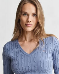 Stretch Cotton Cable Knit V-Neck Sweater