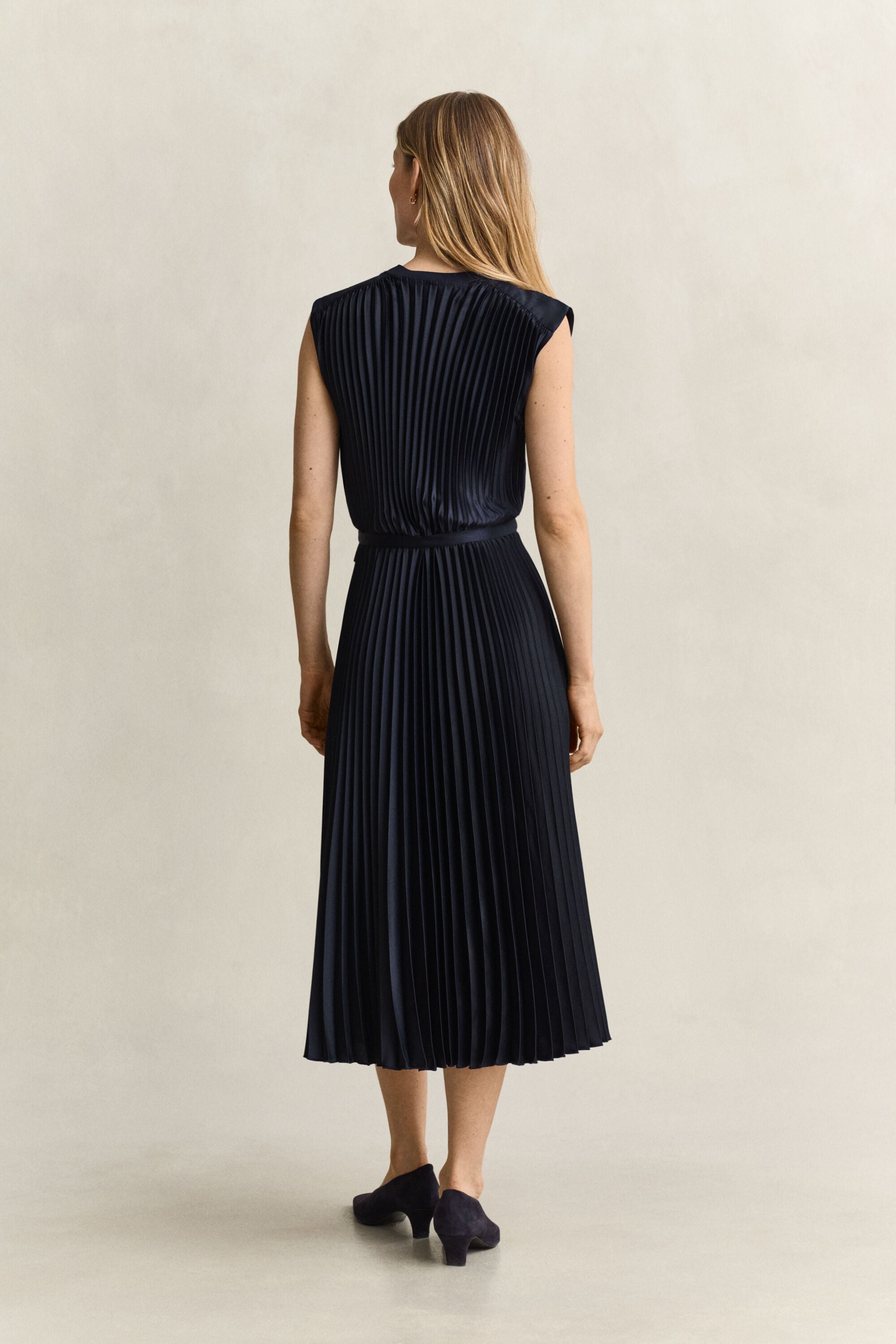 Pleated Belted Dress — EVENING BLUE