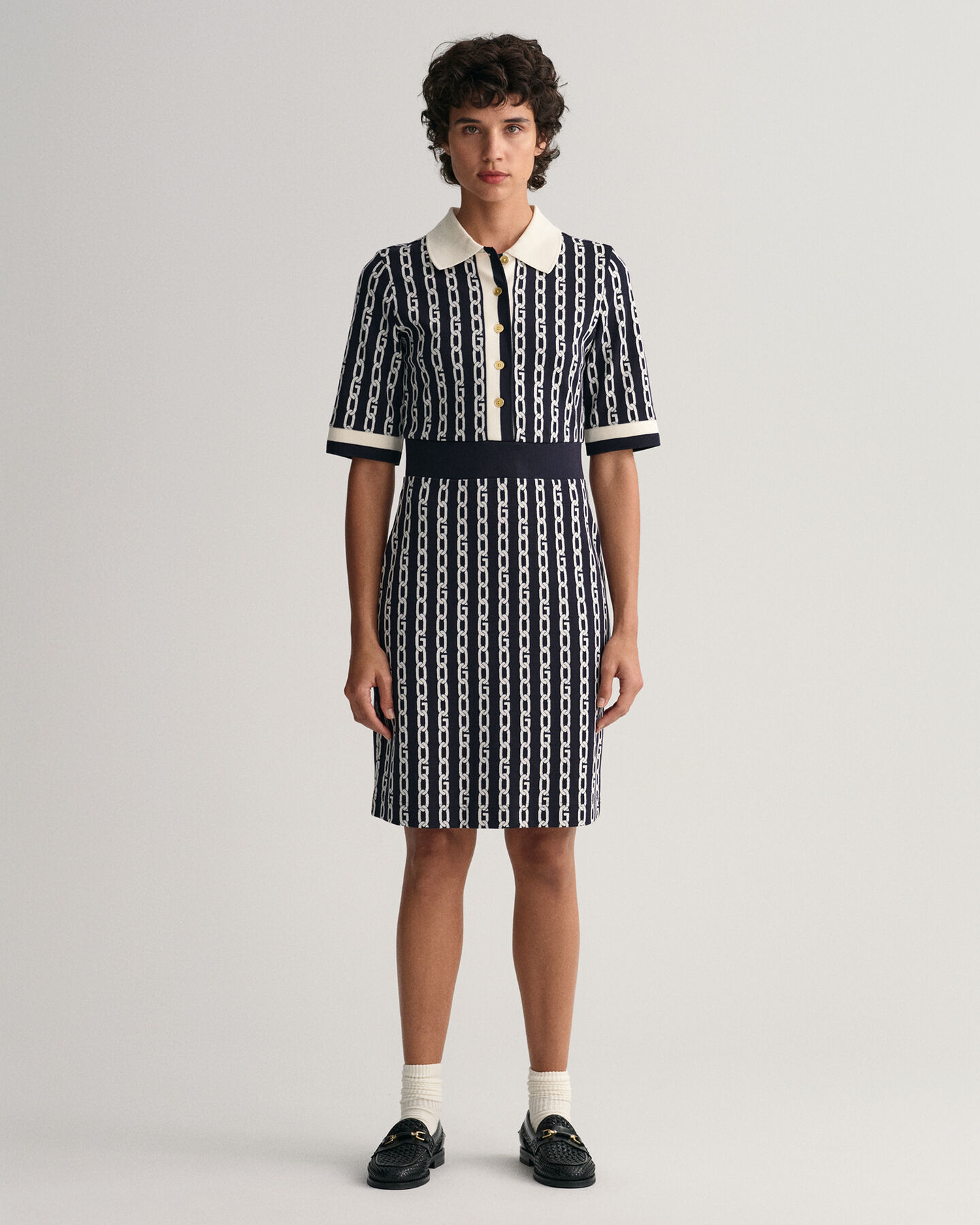 Chain Jacquard Mid Sleeve Polo Dress