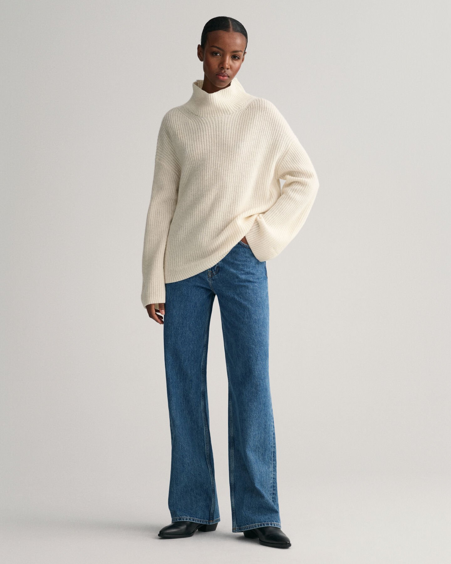 Ribbed Wool Stand Collar Sweater