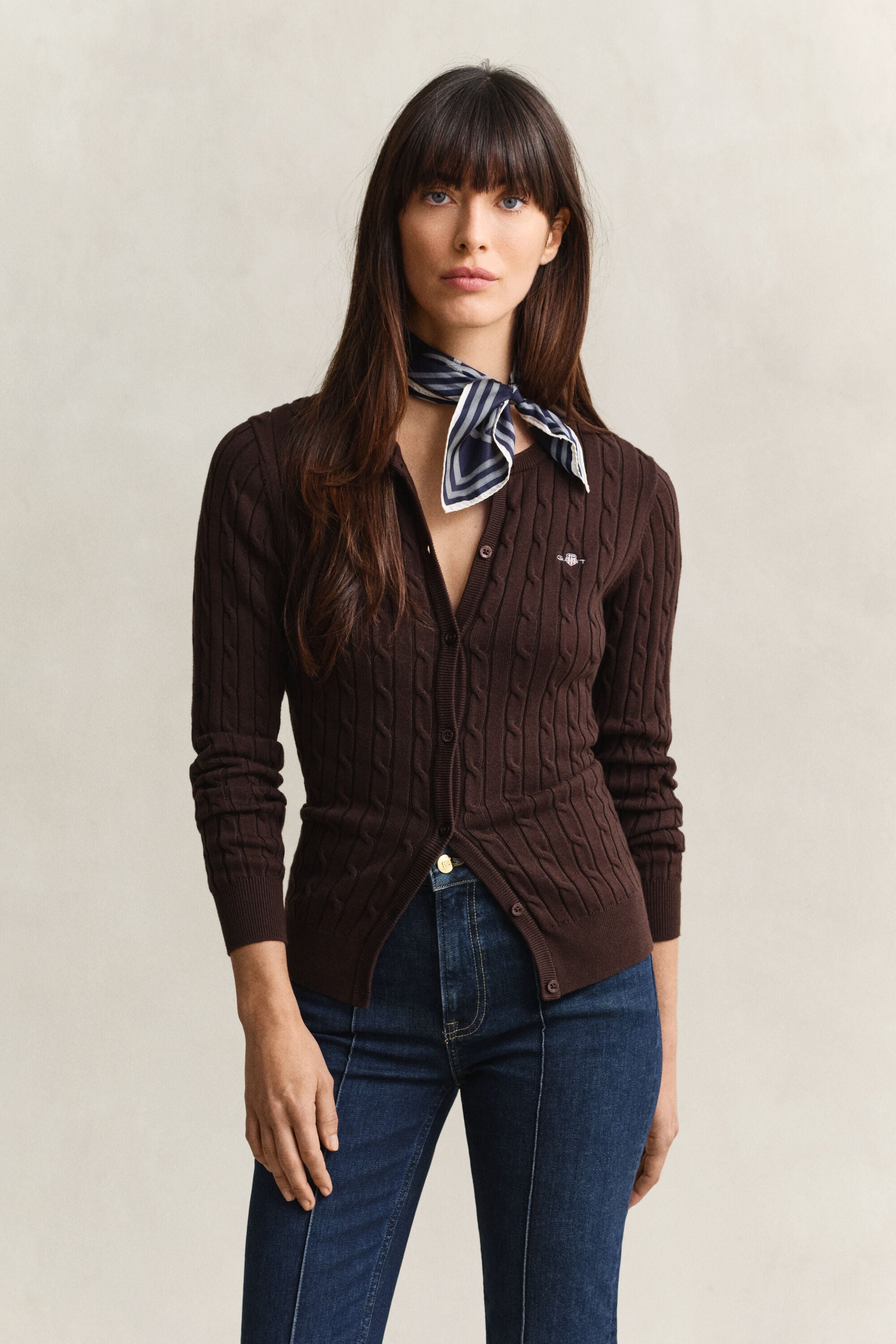 Stretch Cotton Cable Knit Cardigan