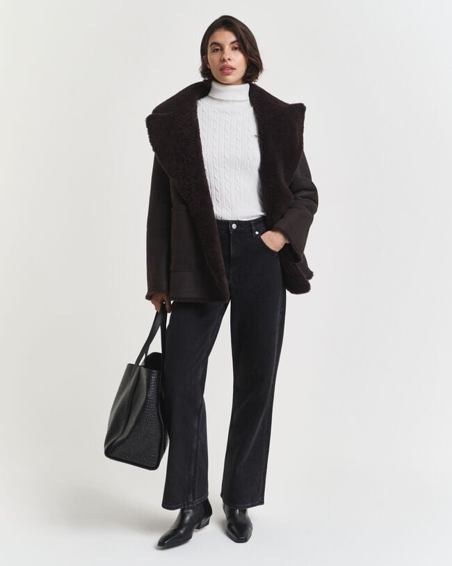 Stretch Cotton Cable Knit Turtleneck Sweater