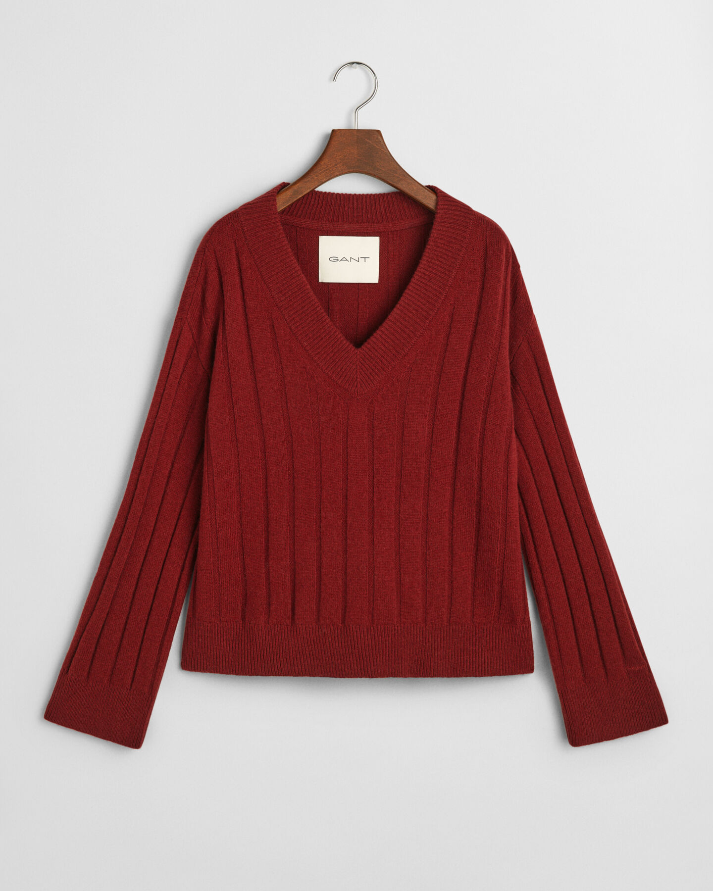 Wide Ribbed Wool V-Neck Sweater