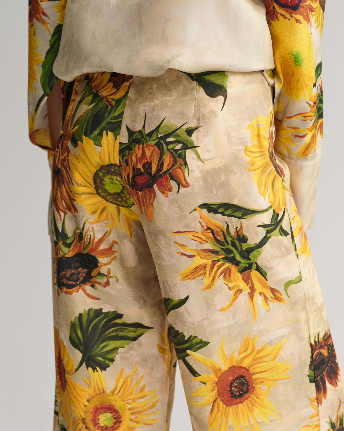 Sunflower Print Wide Leg Silk Pants