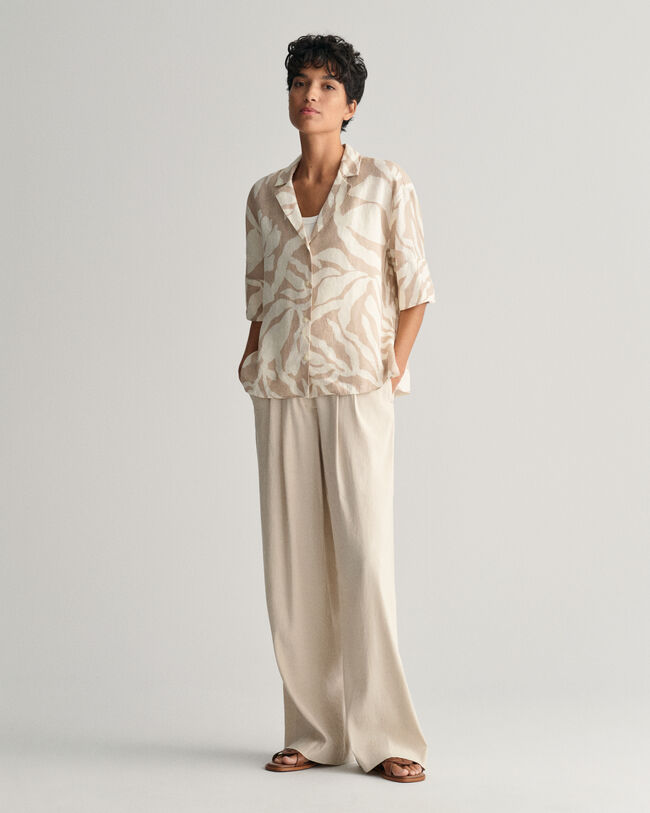 Relaxed Fit Palm Print Linen Short Sleeve Shirt