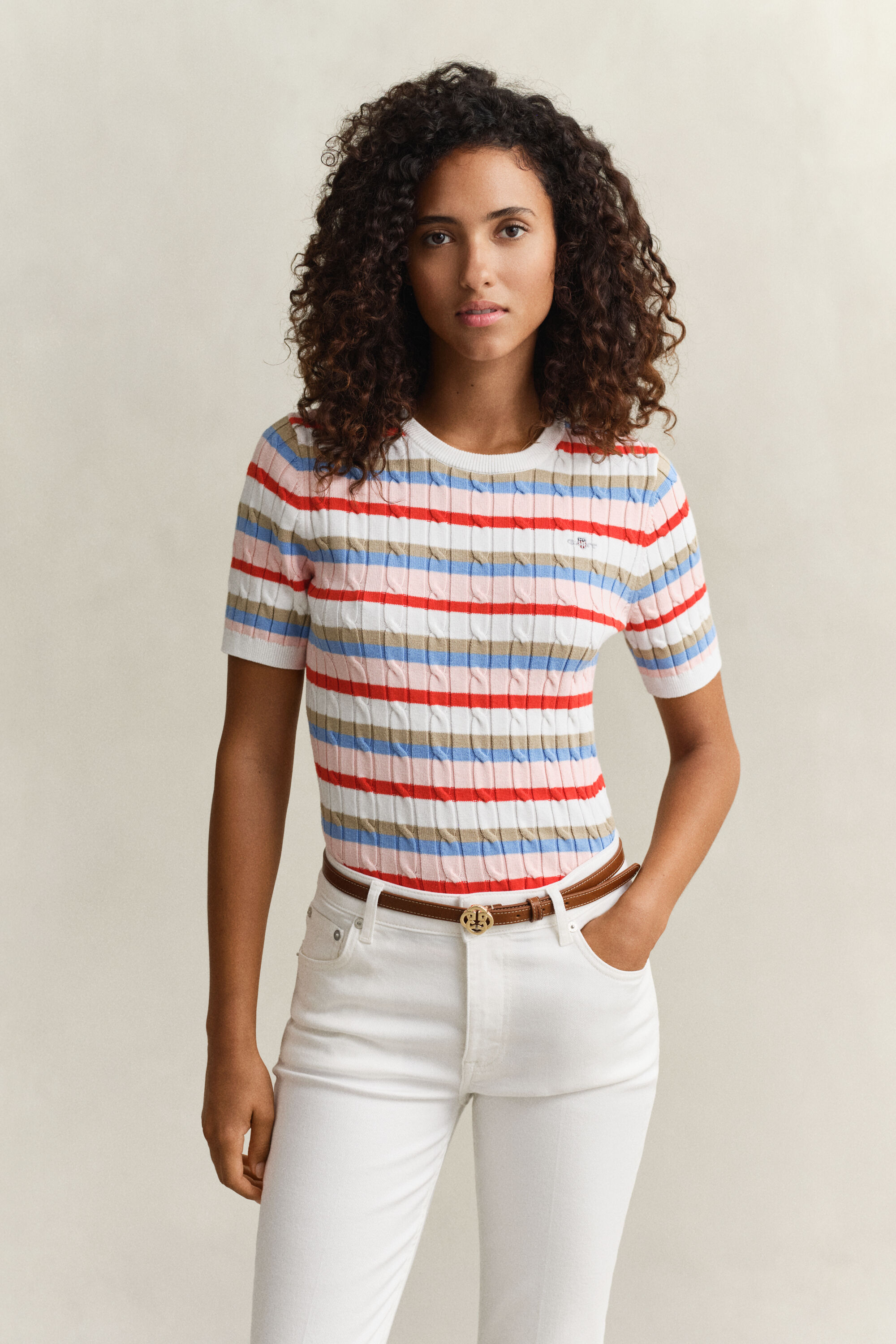 Striped Cable Knit Short Sleeve Sweater