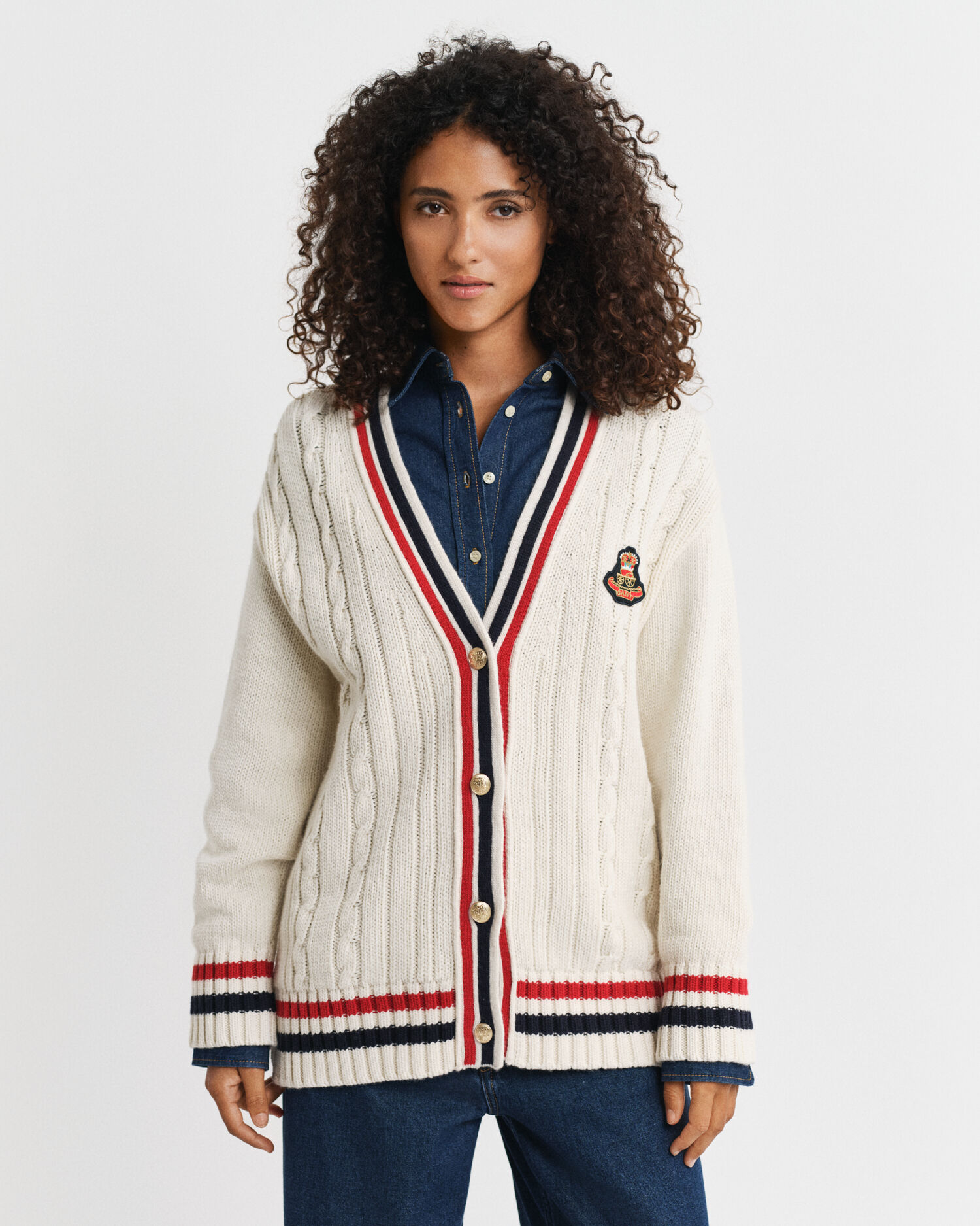 Gant Varsity Cable Knit V-Neck Cardigan