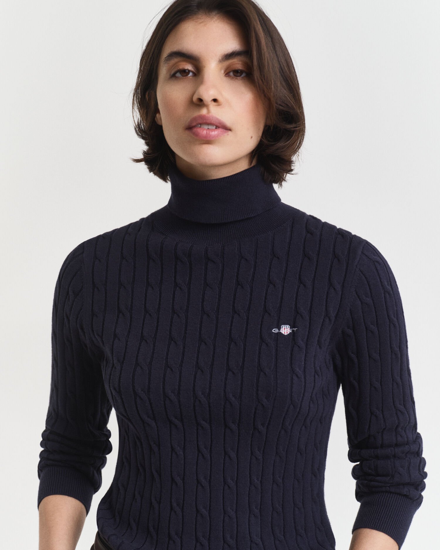 Stretch Cotton Cable Knit Turtleneck Sweater