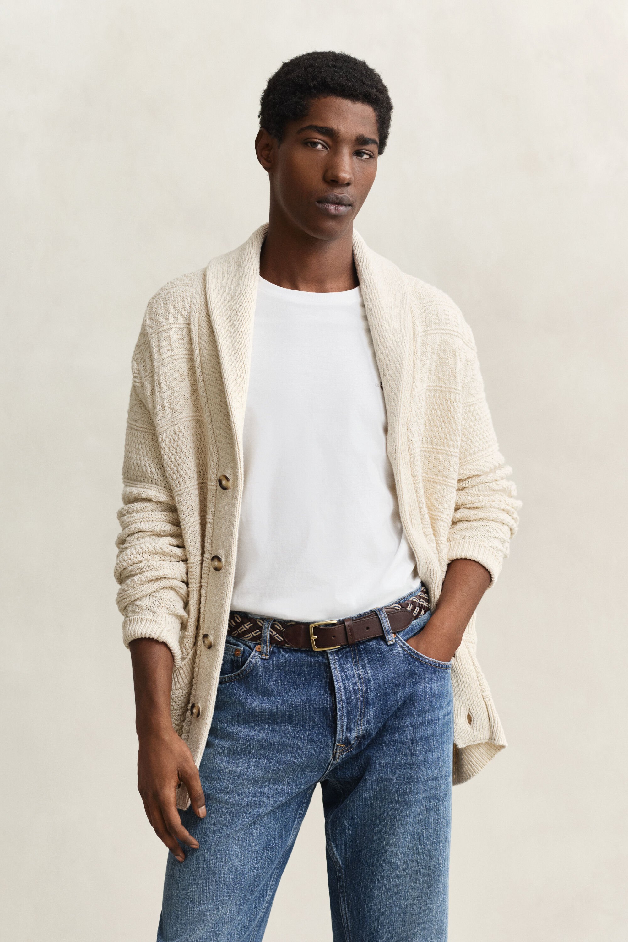 Textured Cotton Blend Cardigan