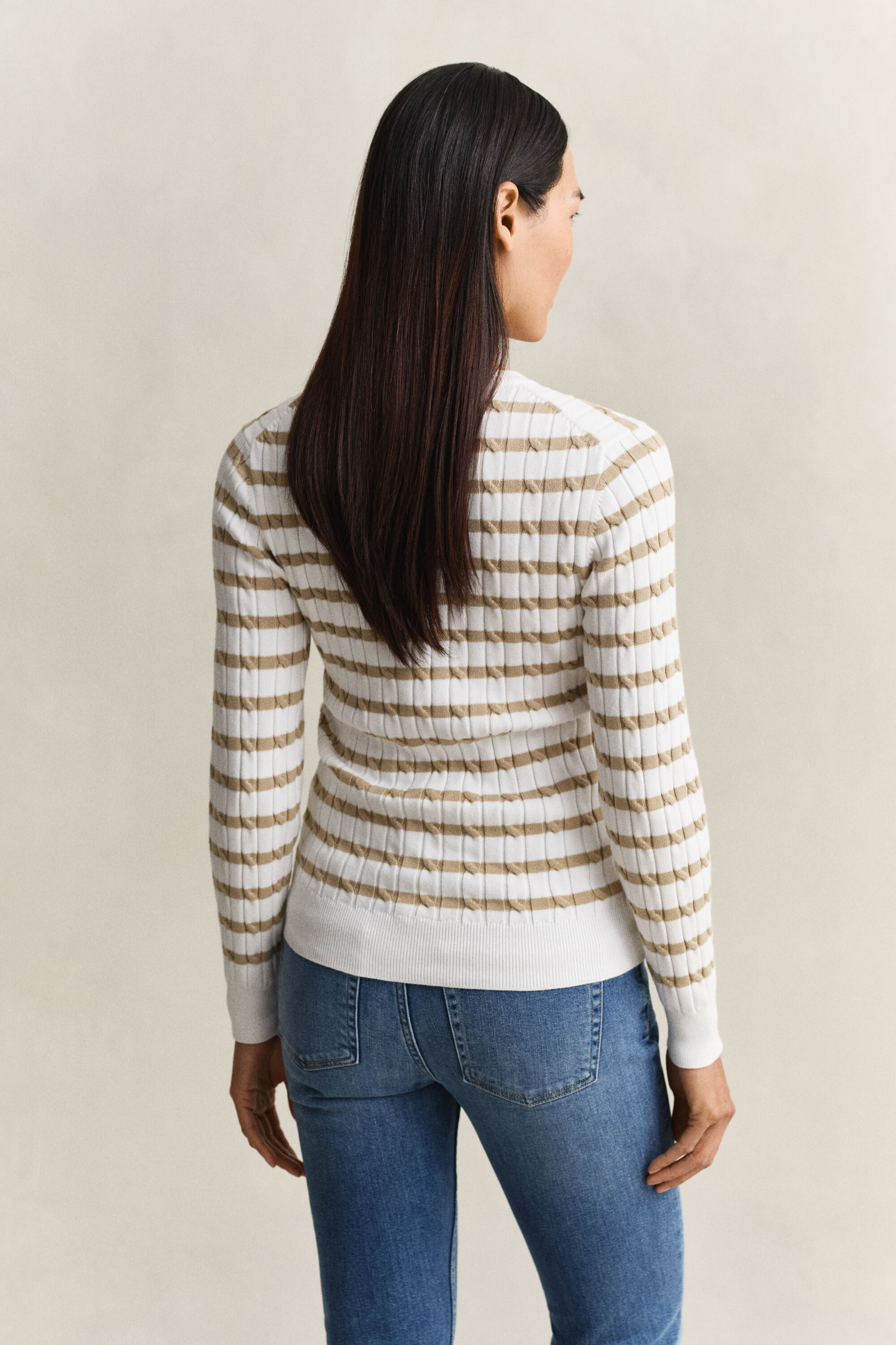 Striped Cable Knit Crew Neck Sweater