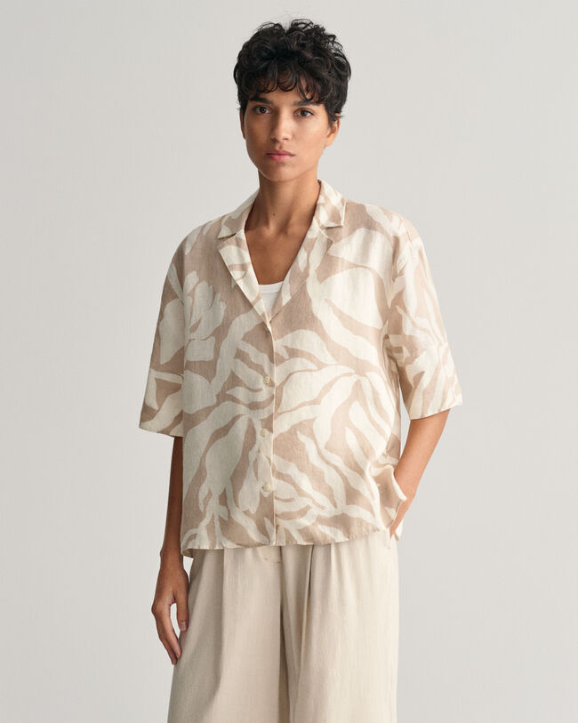 Relaxed Fit Palm Print Linen Short Sleeve Shirt