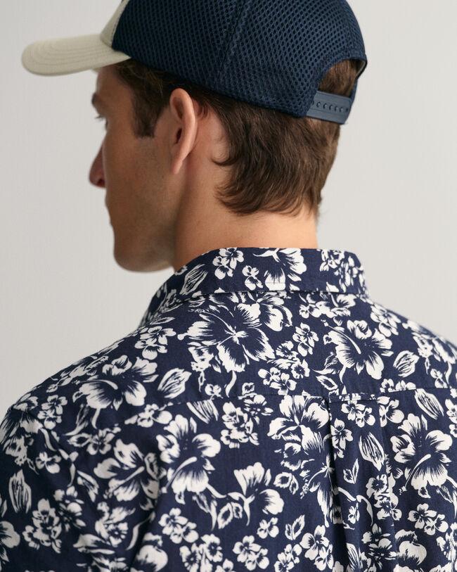 Regular Fit Floral Print Cotton Linen Short Sleeve Shirt