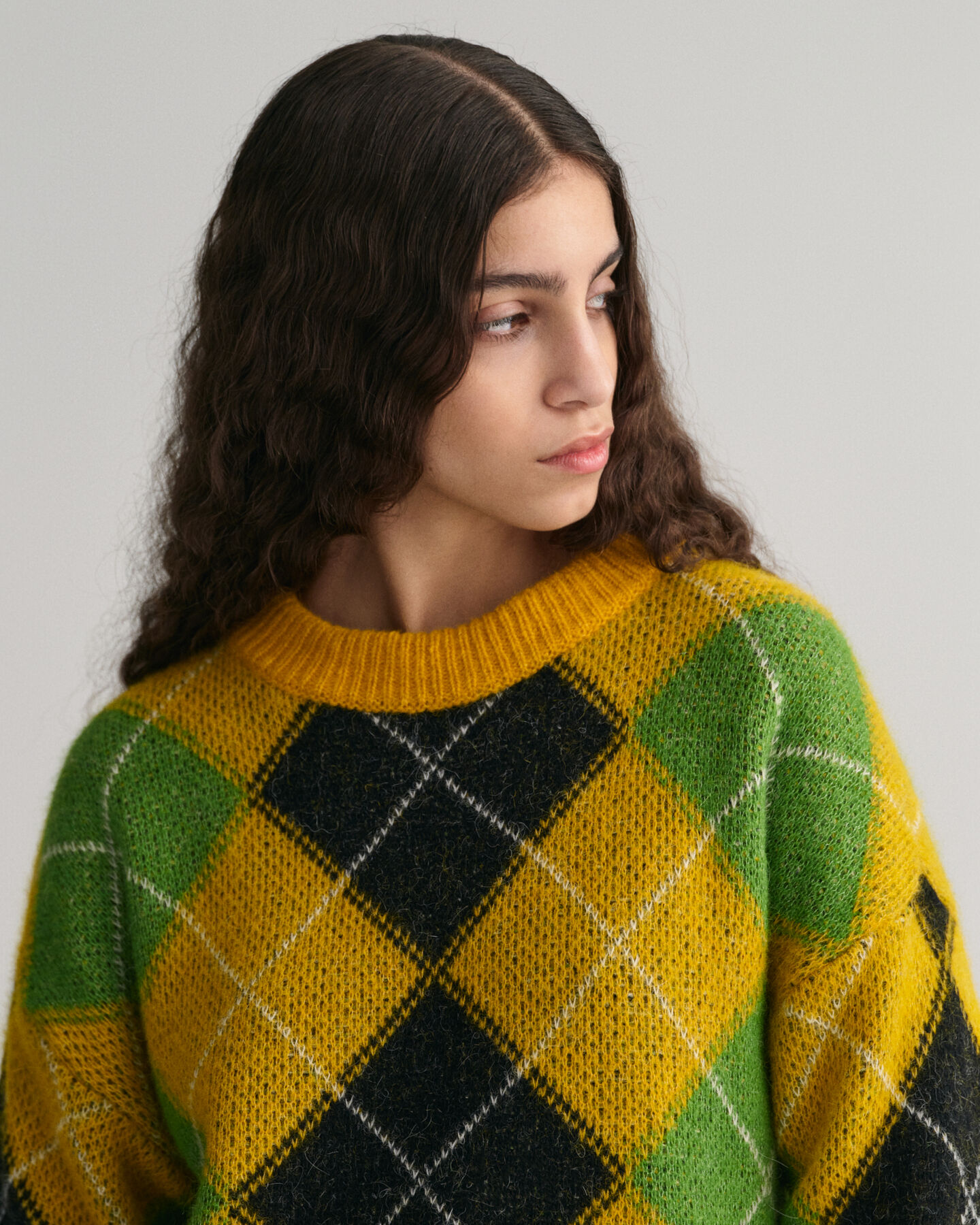 Furry Argyle Crew Neck Sweater