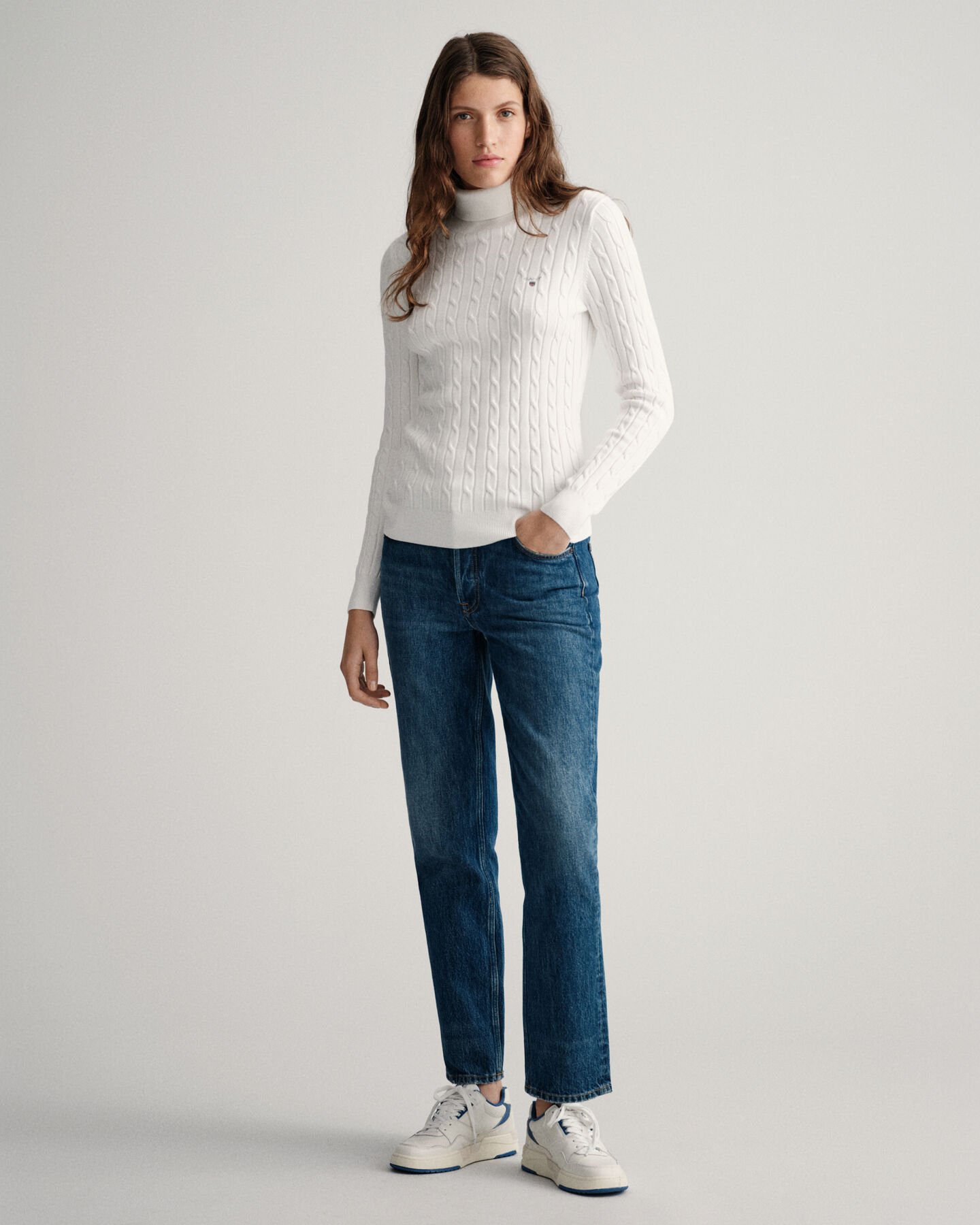 Stretch Cotton Cable Turtleneck