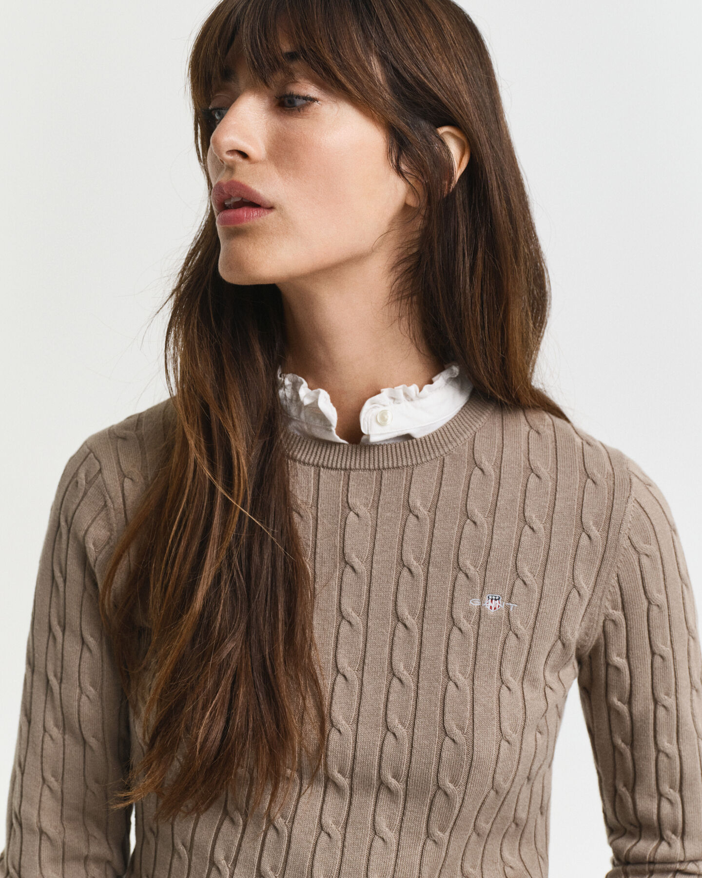 Stretch Cotton Cable Knit Crew Neck Sweater