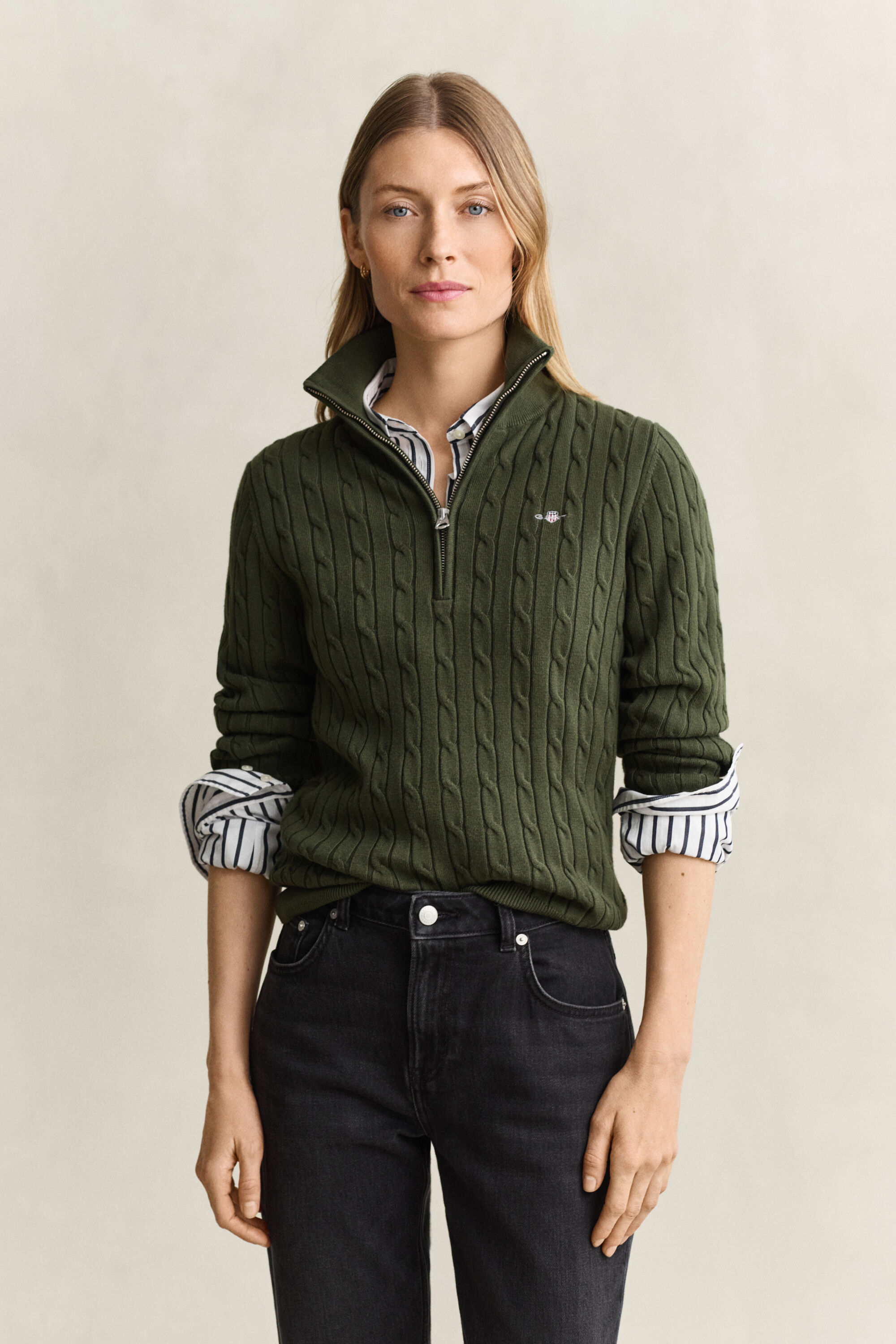 Stretch Cable Knit Half-Zip Sweater — MOSSY GREEN