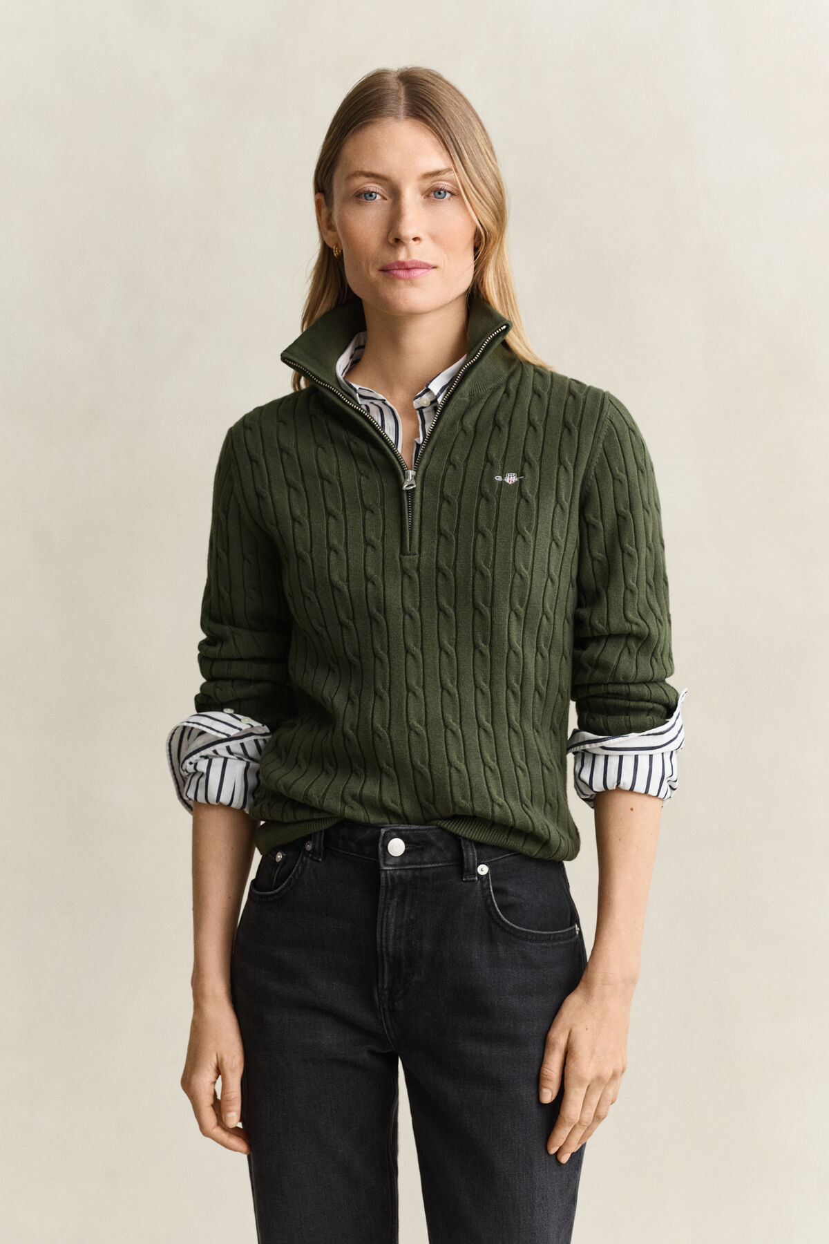 Stretch Cable Knit Half-Zip Sweater — MOSSY GREEN