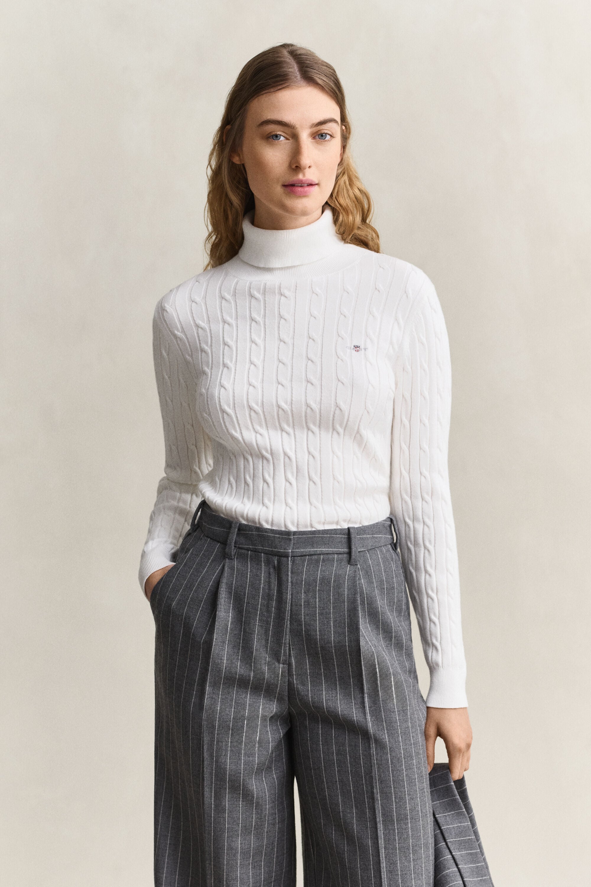 Stretch Cotton Cable Knit Turtleneck Sweater
