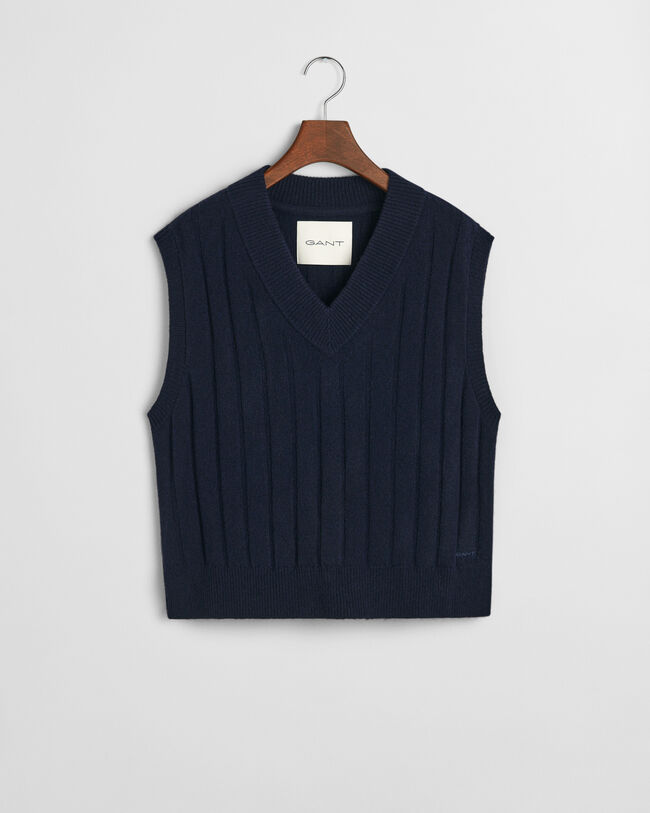 Wide Ribbed Wool V-Neck Sweater Vest