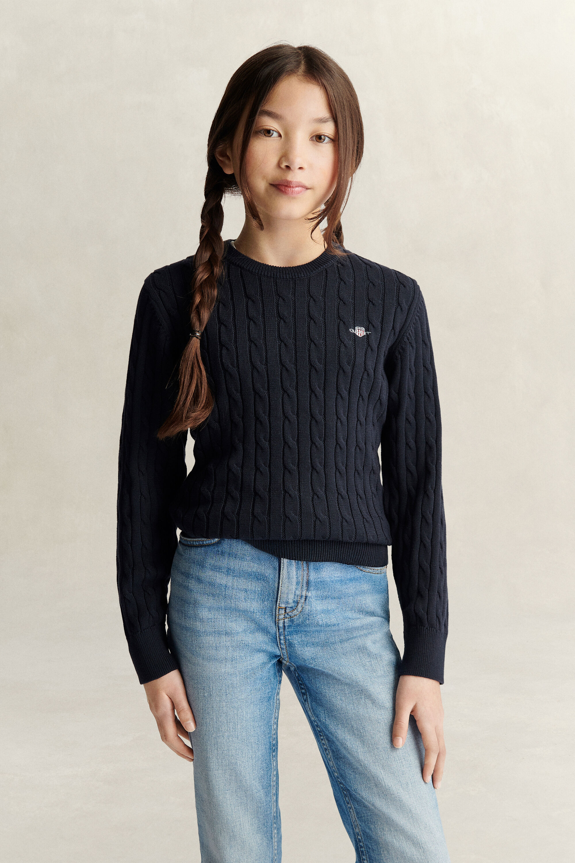 Teen Girls Shield Cable Knit Sweater