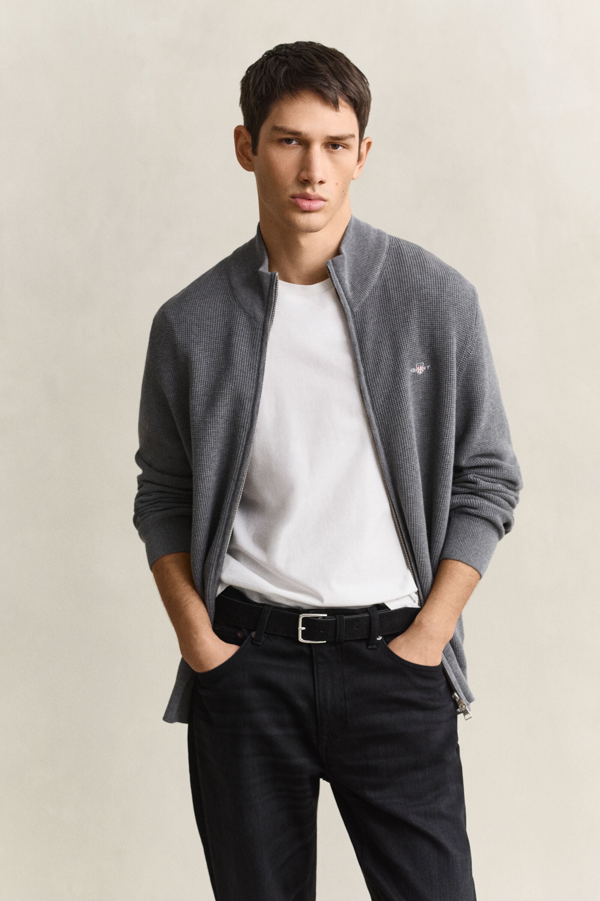 Textured Cotton Zip Cardigan