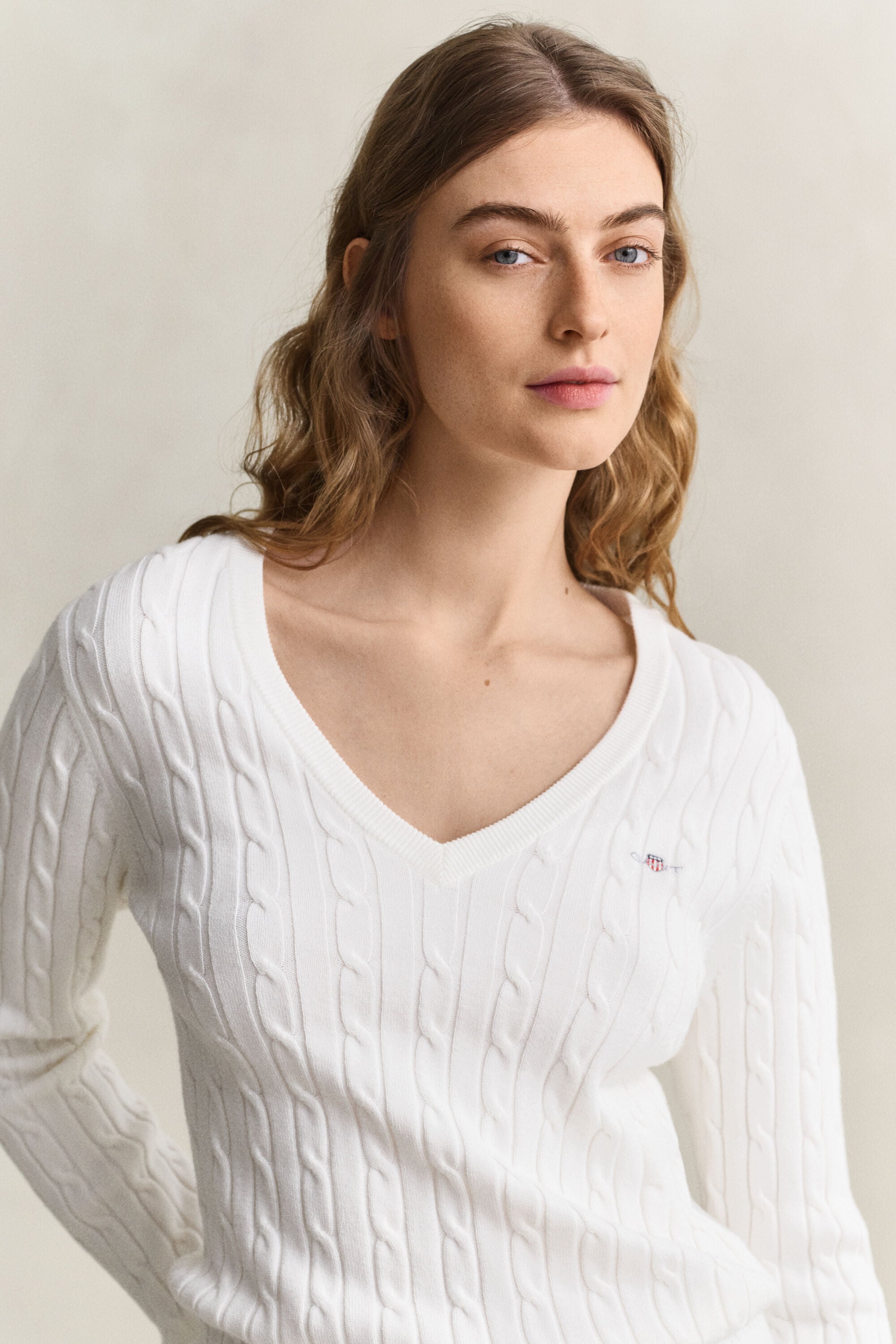 Stretch Cotton Cable Knit V-Neck Sweater