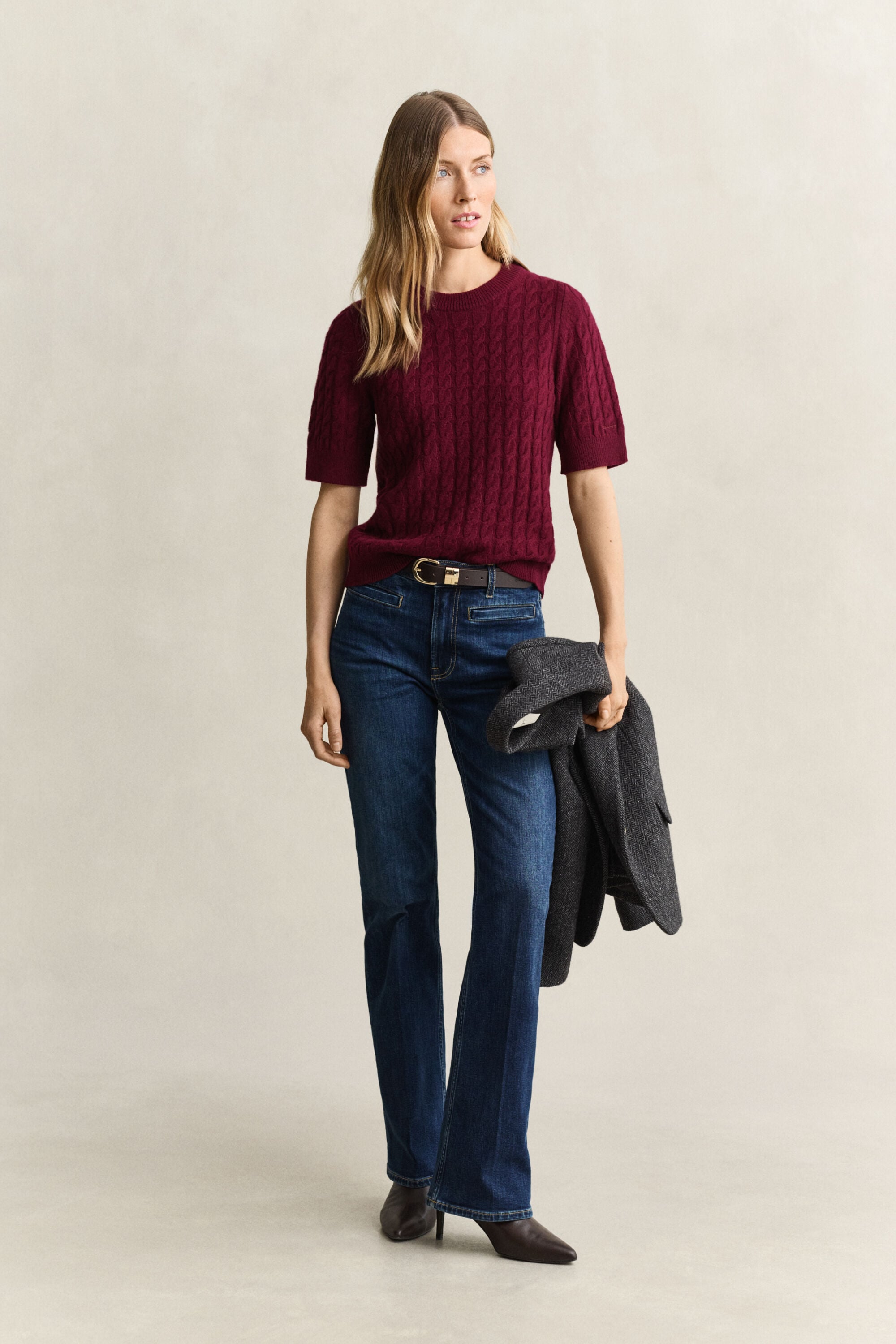 Wool Cashmere Cable Knit Short Sleeve Sweater