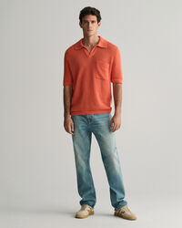 Ribbed Linen Blend Short Sleeve Polo Sweater