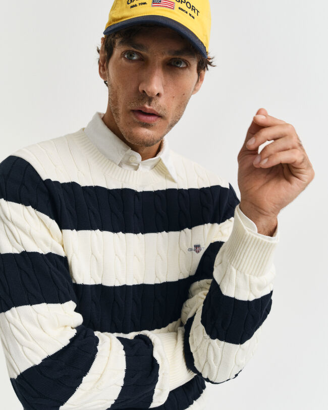 Striped Cotton Cable Knit Crew Neck Sweater