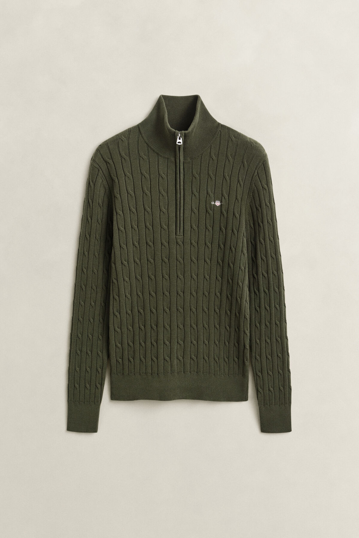 Stretch Cable Knit Half-Zip Sweater — MOSSY GREEN