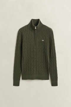 Stretch Cable Knit Half-Zip Sweater — MOSSY GREEN 1