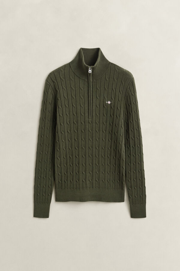 Stretch Cable Knit Half-Zip Sweater — MOSSY GREEN
