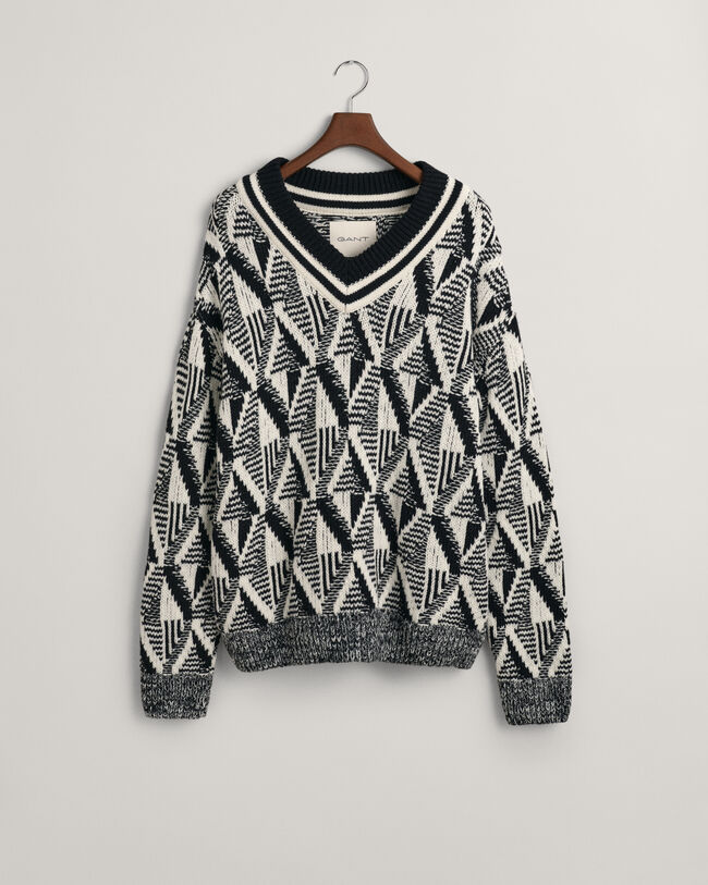 Geometric Patterned V-Neck Sweater