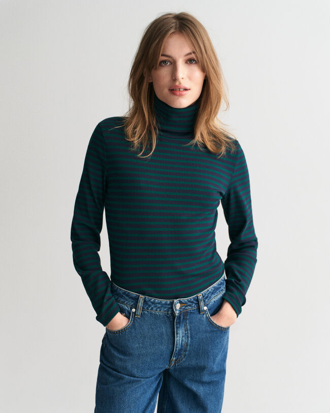 Striped Rib Long Sleeve Turtleneck Top