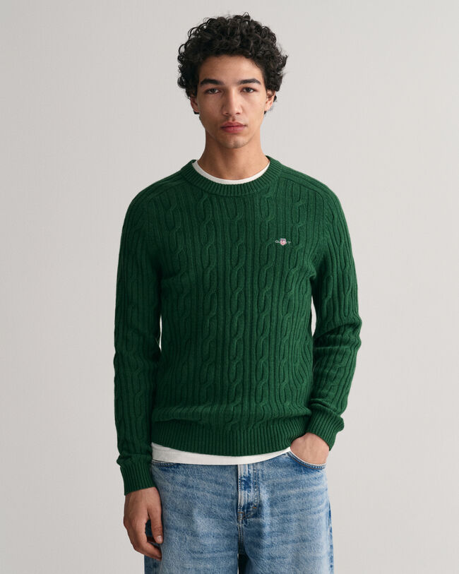 Lambswool Cable Knit Crew Neck Sweater