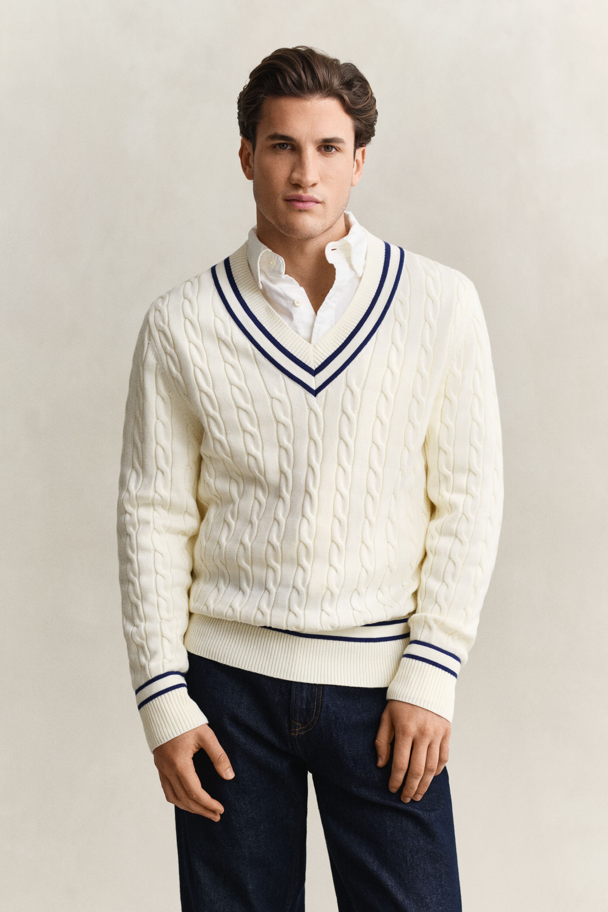 Cotton Cable Knit V-Neck Sweater