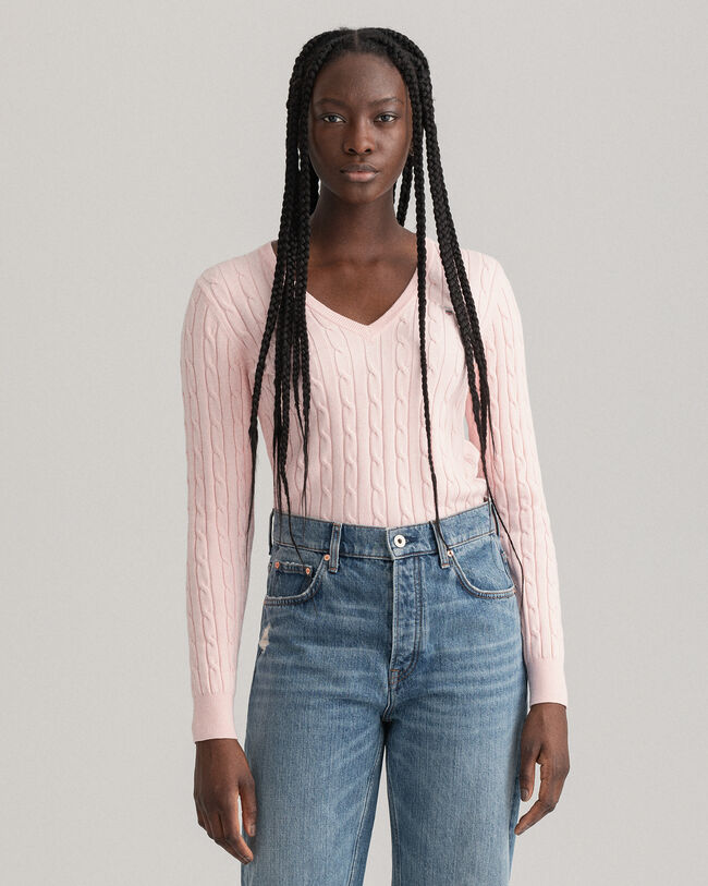 Stretch Cotton Cable V-Neck Sweater