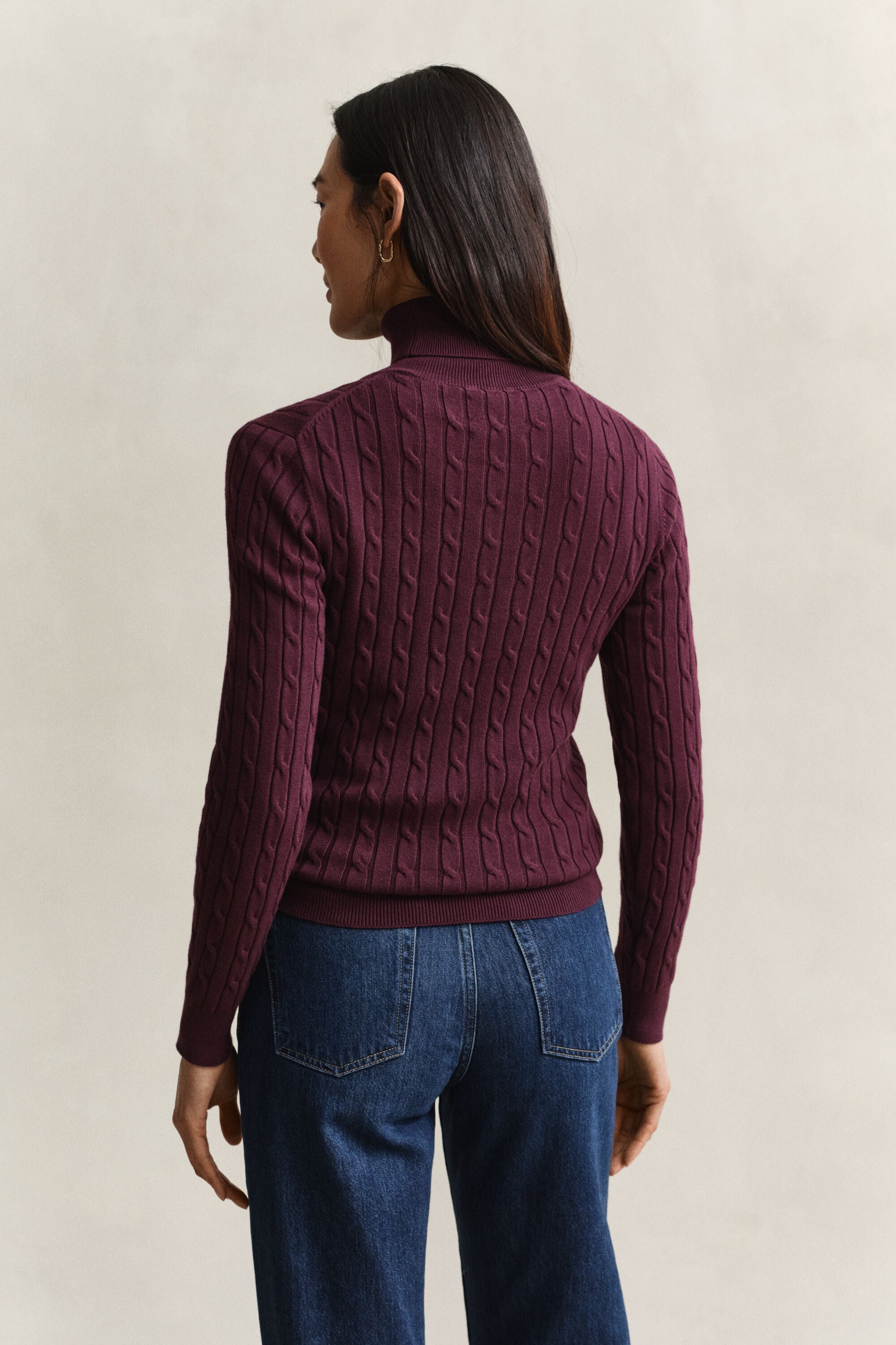 Stretch Cotton Cable Knit Turtleneck Sweater