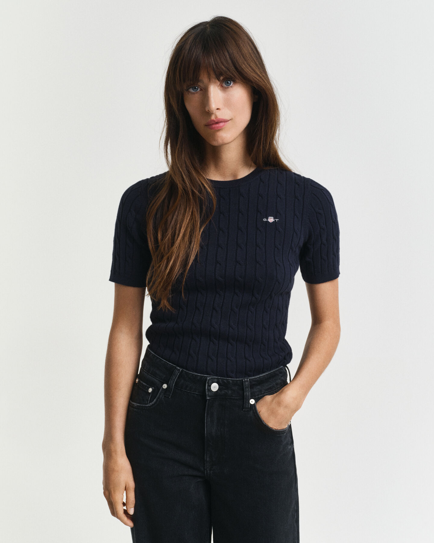 Stretch Cotton Cable Knit Sweater