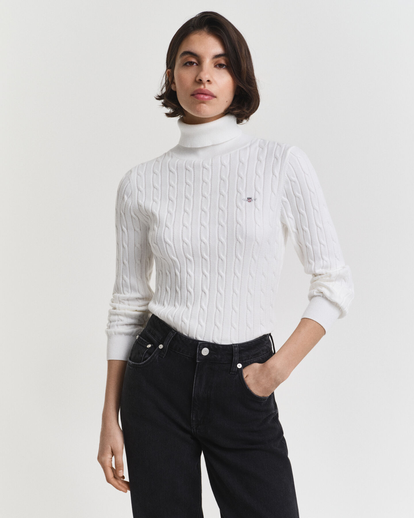 Stretch Cotton Cable Knit Turtleneck Sweater