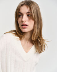 Wide Ribbed Wool V-Neck Sweater