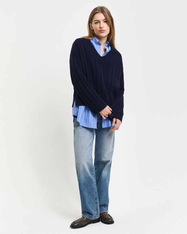 Wide Ribbed Wool V-Neck Sweater