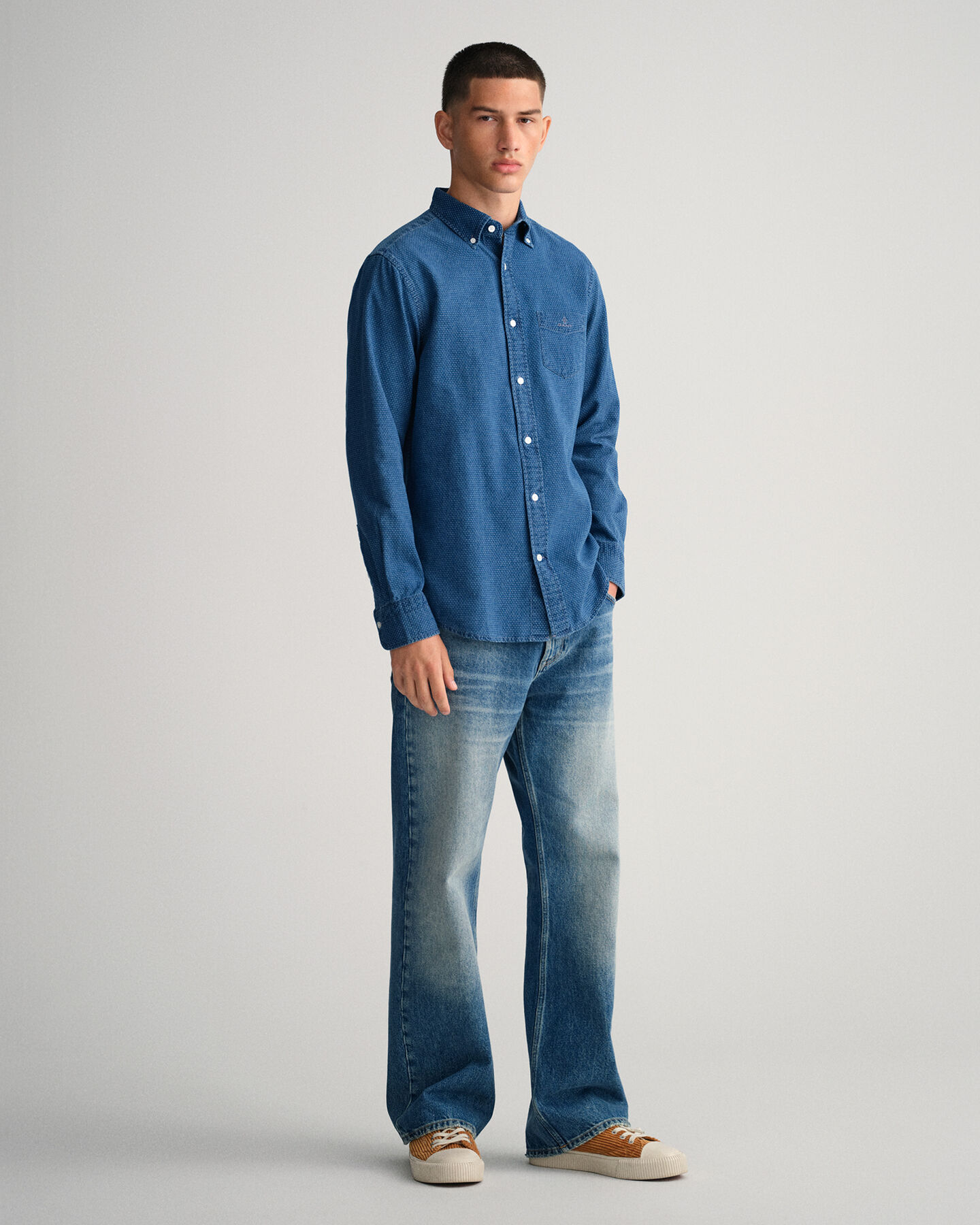 Regular Fit Indigo Jacquard Dot Shirt