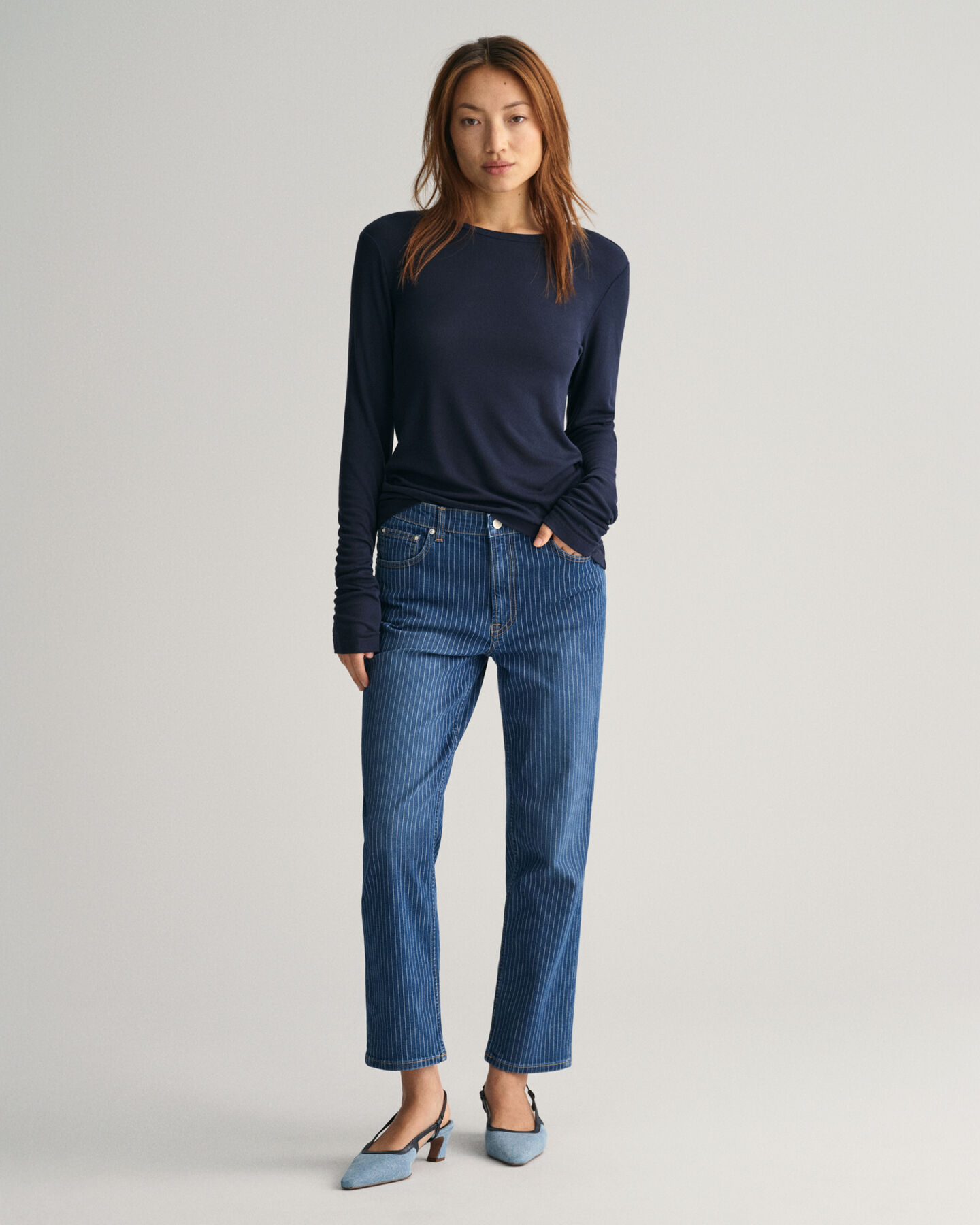 Straight Leg Striped Cropped Jeans